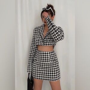 For Love Lemons Bonnie Cropped Blazer Mini Skirt Houndstooth Suit Set Size XS